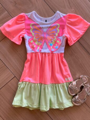 Vestido Infantil Feminino Borboleta Rosa Neon Fernanda Ramos Kids
