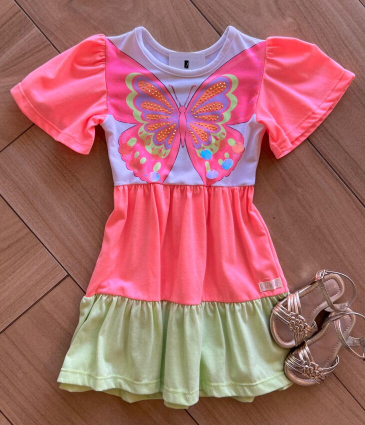 Vestido Infantil Feminino Borboleta Rosa Neon Fernanda Ramos Kids