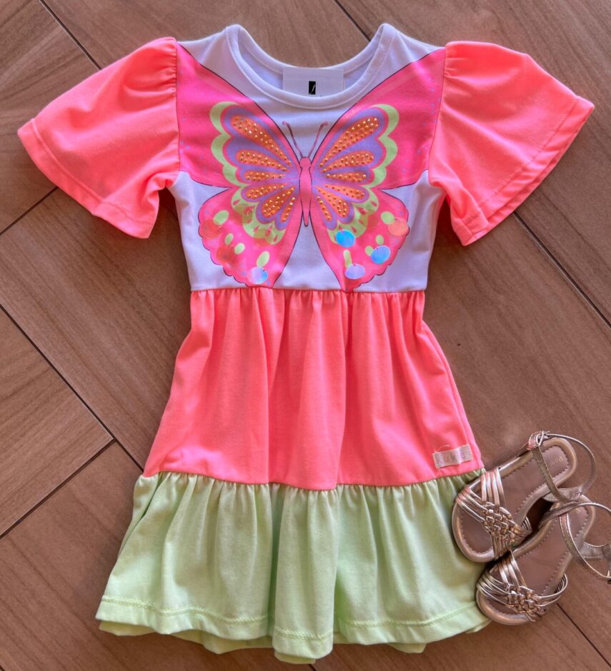 Vestido Infantil Feminino Borboleta Rosa Neon Fernanda Ramos Kids