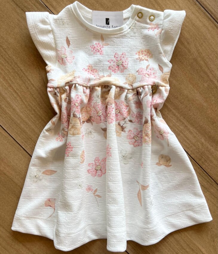 Vestido Infantil Feminino com Flores e Detalhe Strass Off White Fernanda Ramos Kids