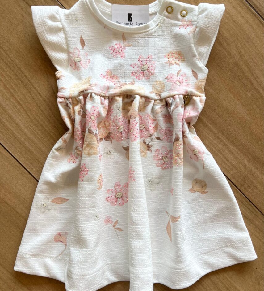 Vestido Infantil Feminino com Flores e Detalhe Strass Off White Fernanda Ramos Kids