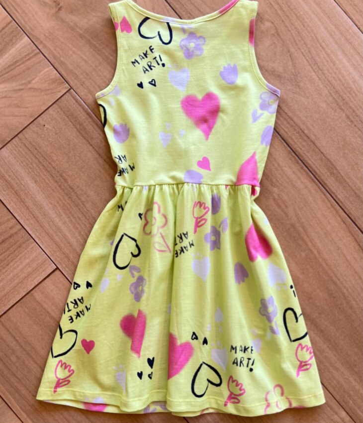 Vestido Infantil Feminino Curto Alça Estampa Coração Verde Fernanda Ramos Kids
