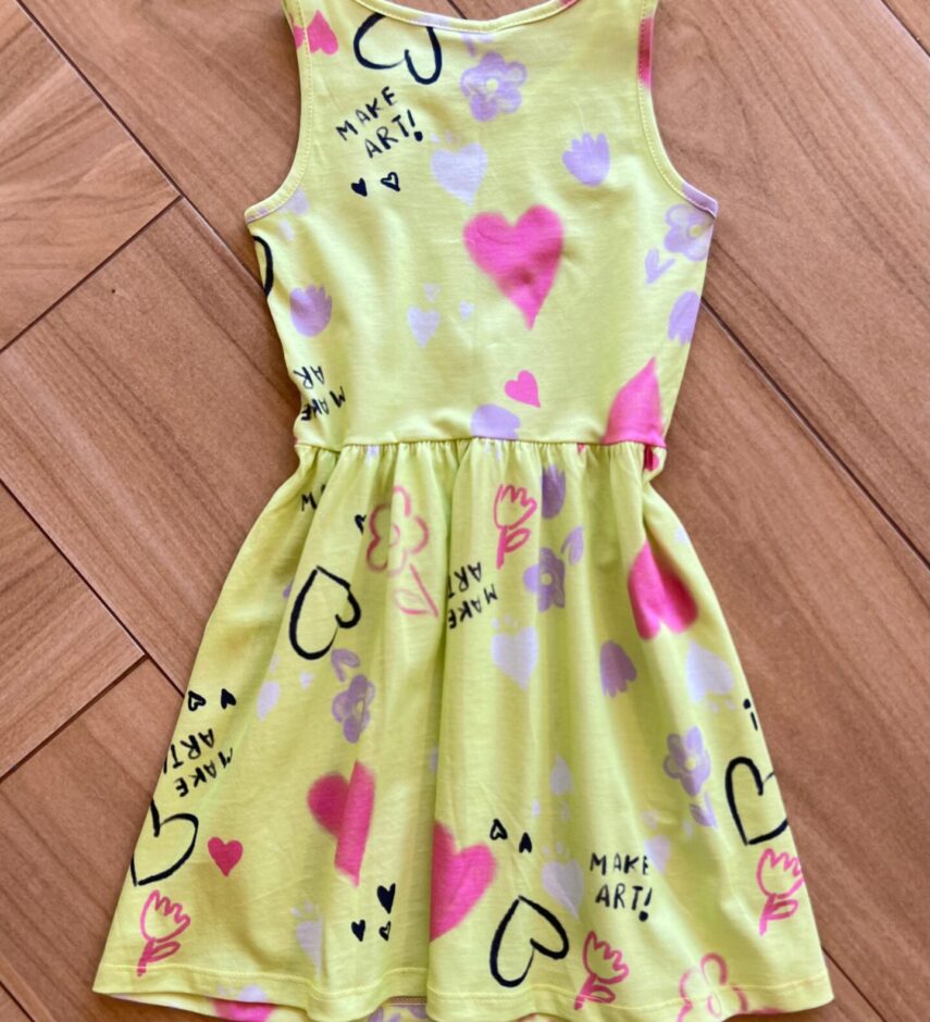 Vestido Infantil Feminino Curto Alça Estampa Coração Verde Fernanda Ramos Kids