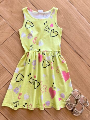 Vestido Infantil Feminino Curto Alça Estampa Coração Verde Fernanda Ramos Kids