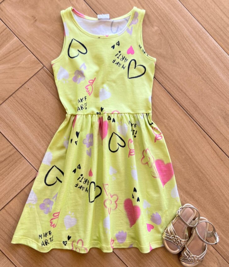 Vestido Infantil Feminino Curto Alça Estampa Coração Verde Fernanda Ramos Kids