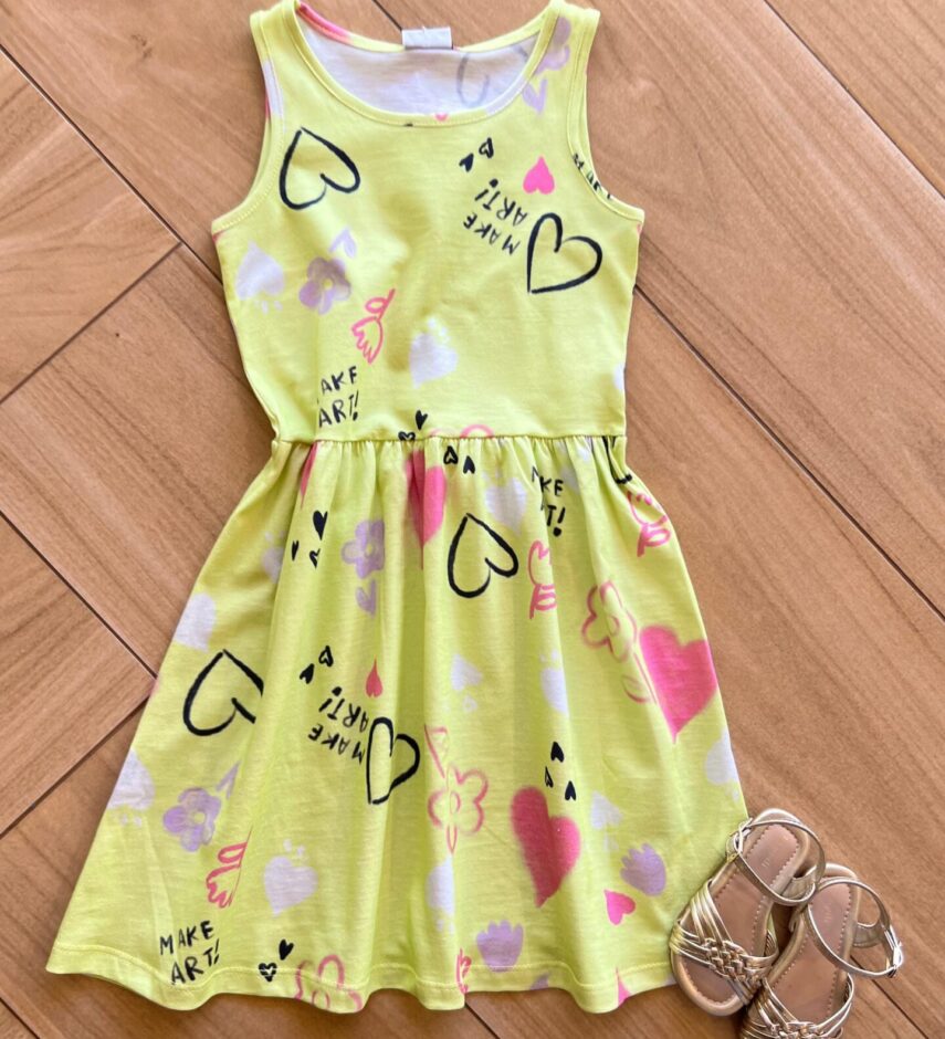 Vestido Infantil Feminino Curto Alça Estampa Coração Verde Fernanda Ramos Kids