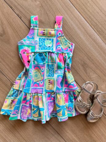 Vestido Infantil Feminino Curto Alça Estampado Colorido Fernanda Ramos Kids