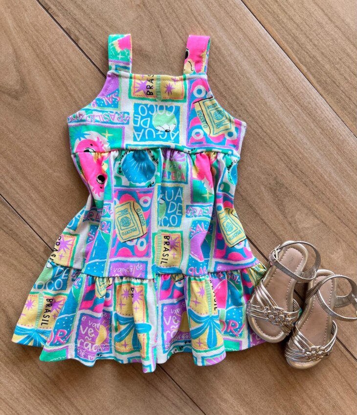 Vestido Infantil Feminino Curto Alça Estampado Colorido Fernanda Ramos Kids