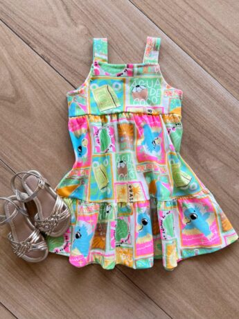 Vestido Infantil Feminino Curto Alça Estampado Verde Fernanda Ramos Kids