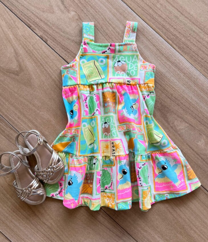 Vestido Infantil Feminino Curto Alça Estampado Verde Fernanda Ramos Kids