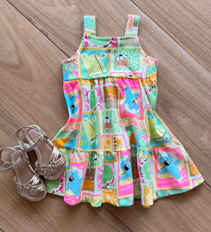 Vestido Infantil Feminino Curto Alça Estampado Verde Fernanda Ramos Kids