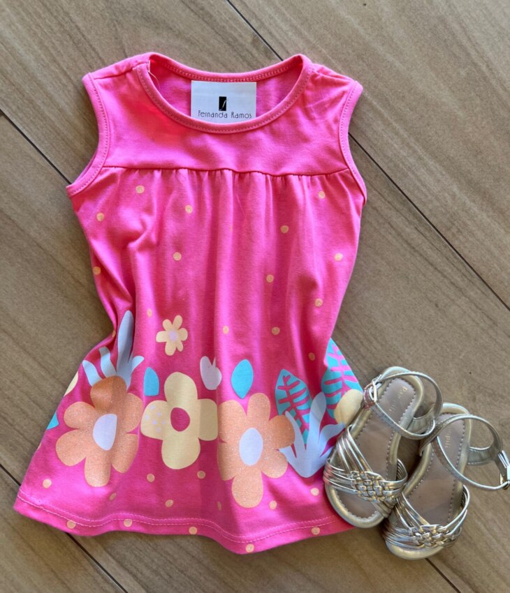 Vestido Infantil Feminino Curto Amplo Jardim Pink Fernanda Ramos Kids