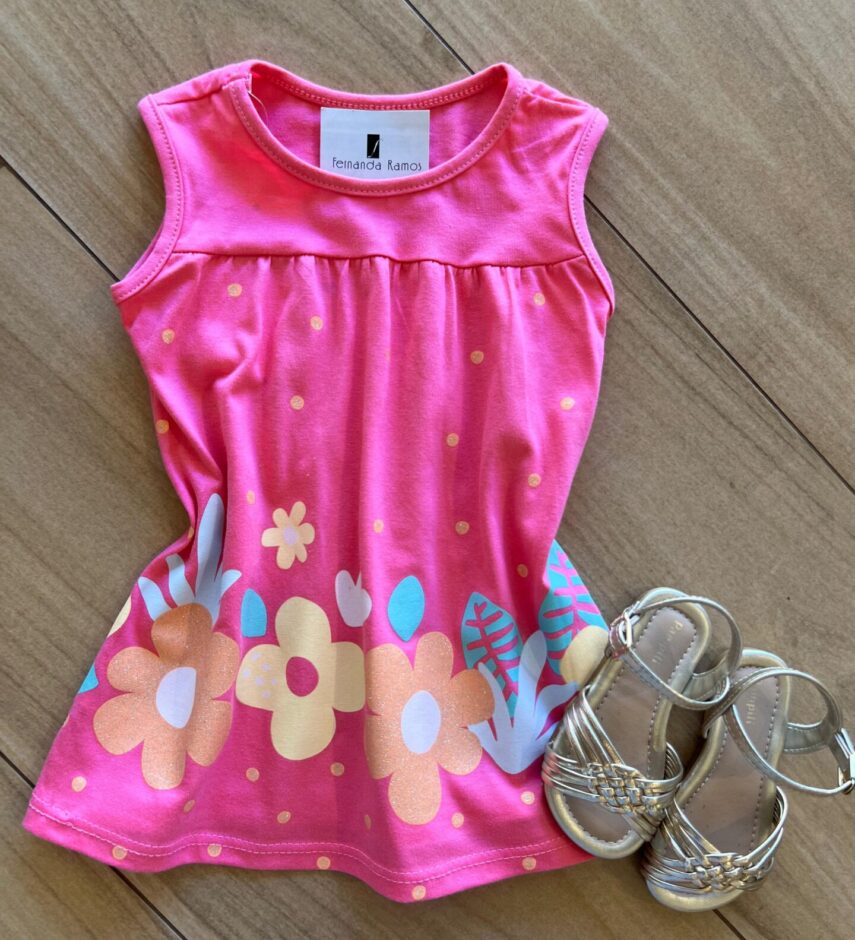 Vestido Infantil Feminino Curto Amplo Jardim Pink Fernanda Ramos Kids