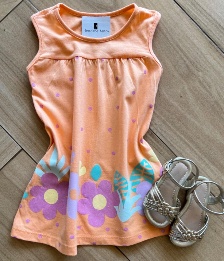 Vestido Infantil Feminino Curto Laranja com Flor Fernanda Ramos Kid
