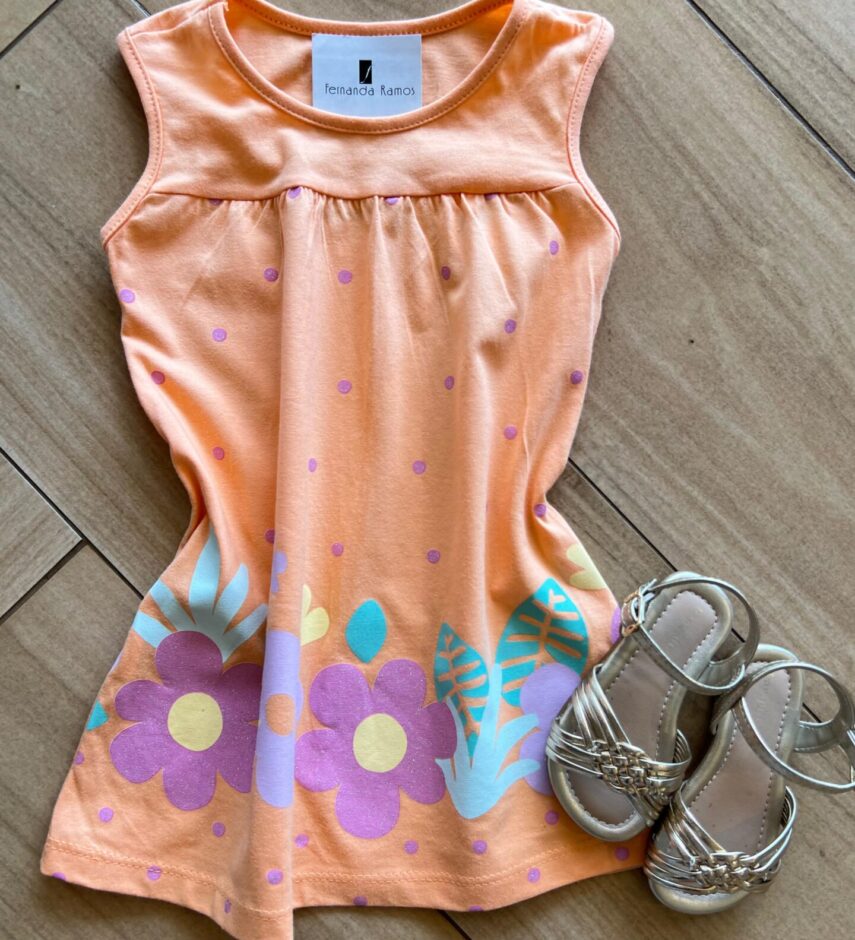 Vestido Infantil Feminino Curto Laranja com Flor Fernanda Ramos Kid