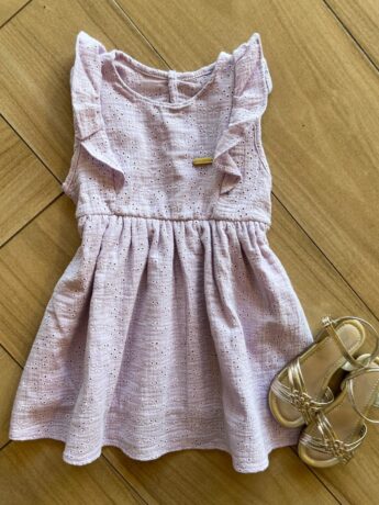 Vestido Infantil Feminino Curto Babado na Manga em Laise Lilás Fernanda Ramos Kids