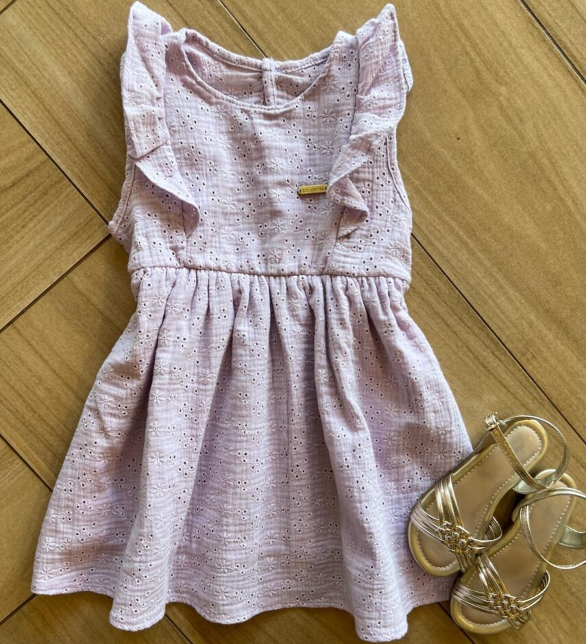 Vestido Infantil Feminino Curto Babado na Manga em Laise Lilás Fernanda Ramos Kids