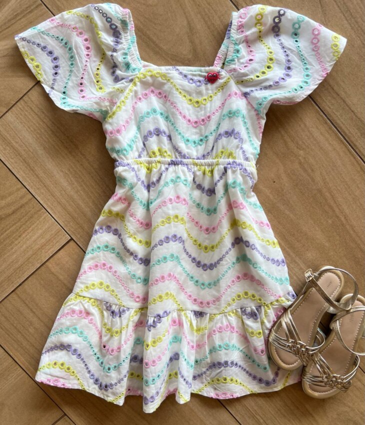 Vestido Infantil Feminino Curto Bordado Colorido Branco Fernanda Ramos Kids