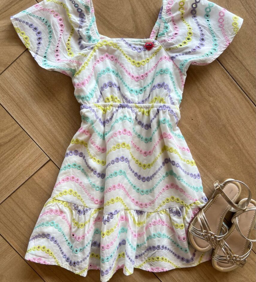Vestido Infantil Feminino Curto Bordado Colorido Branco Fernanda Ramos Kids