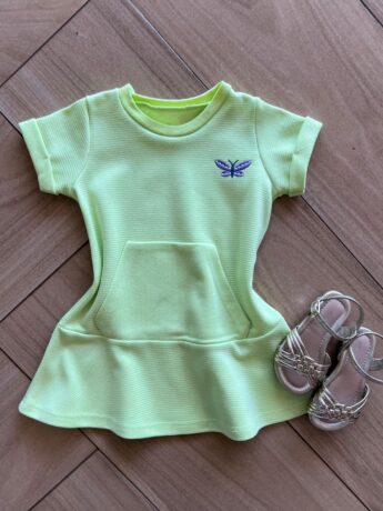 Vestido Infantil Feminino Curto com Bolso e Detalhe na Manga Verde Fernanda Ramos Kids