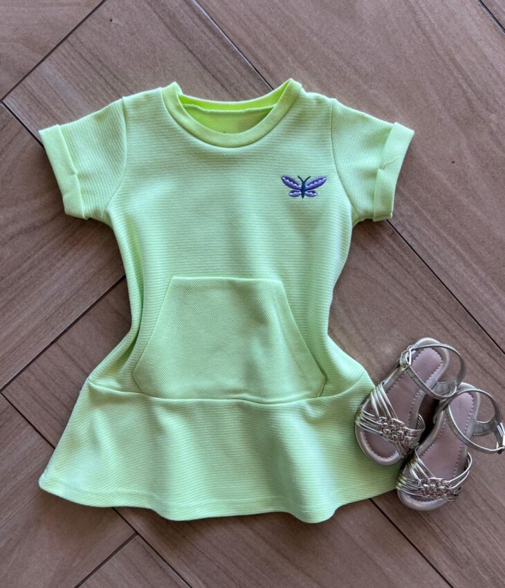 Vestido Infantil Feminino Curto com Bolso e Detalhe na Manga Verde Fernanda Ramos Kids