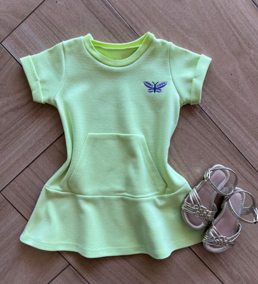 Vestido Infantil Feminino Curto com Bolso e Detalhe na Manga Verde Fernanda Ramos Kids