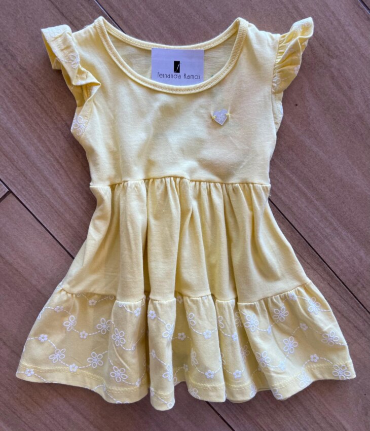 Vestido Infantil Feminino Curto com Florzinhas Amarelo Fernanda Ramos Kids