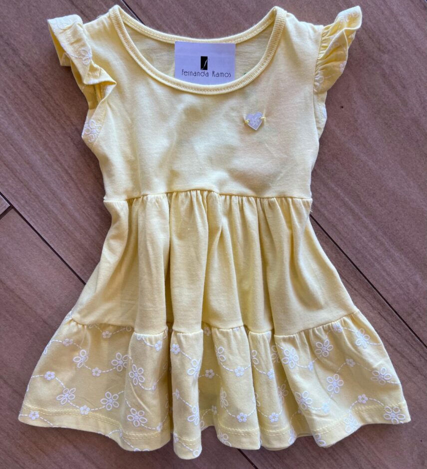 Vestido Infantil Feminino Curto com Florzinhas Amarelo Fernanda Ramos Kids