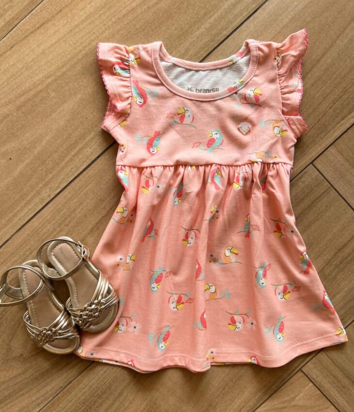 Vestido Infantil Feminino Curto com Manguinha Estampa Passarinhos Fernanda Ramos Kids