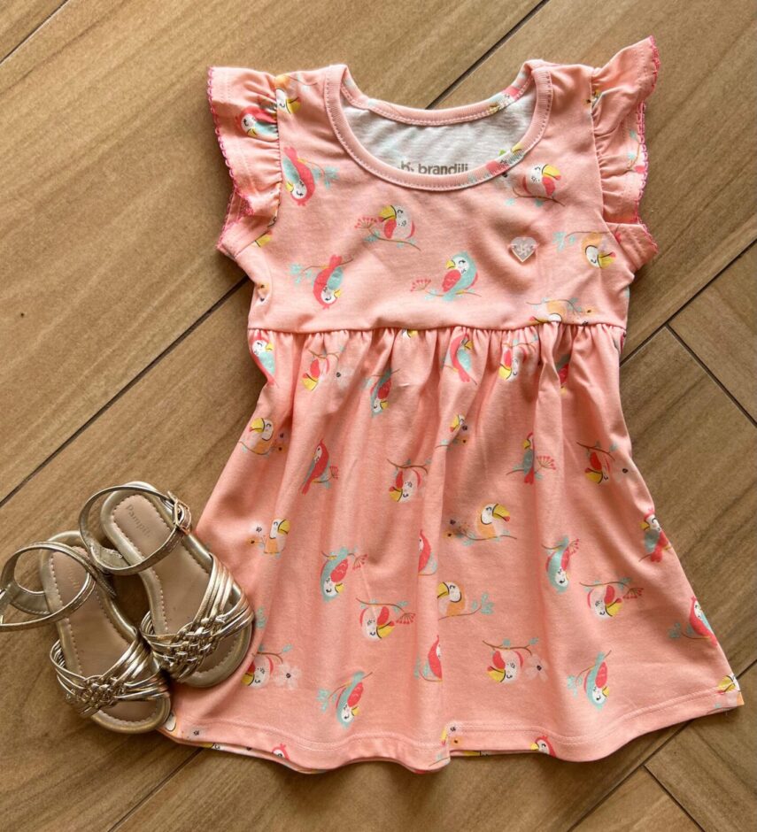 Vestido Infantil Feminino Curto com Manguinha Estampa Passarinhos Fernanda Ramos Kids