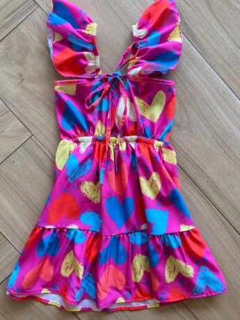 Vestido Infantil Feminino Curto Corações Coloridos Pink Fernanda Ramos Kids