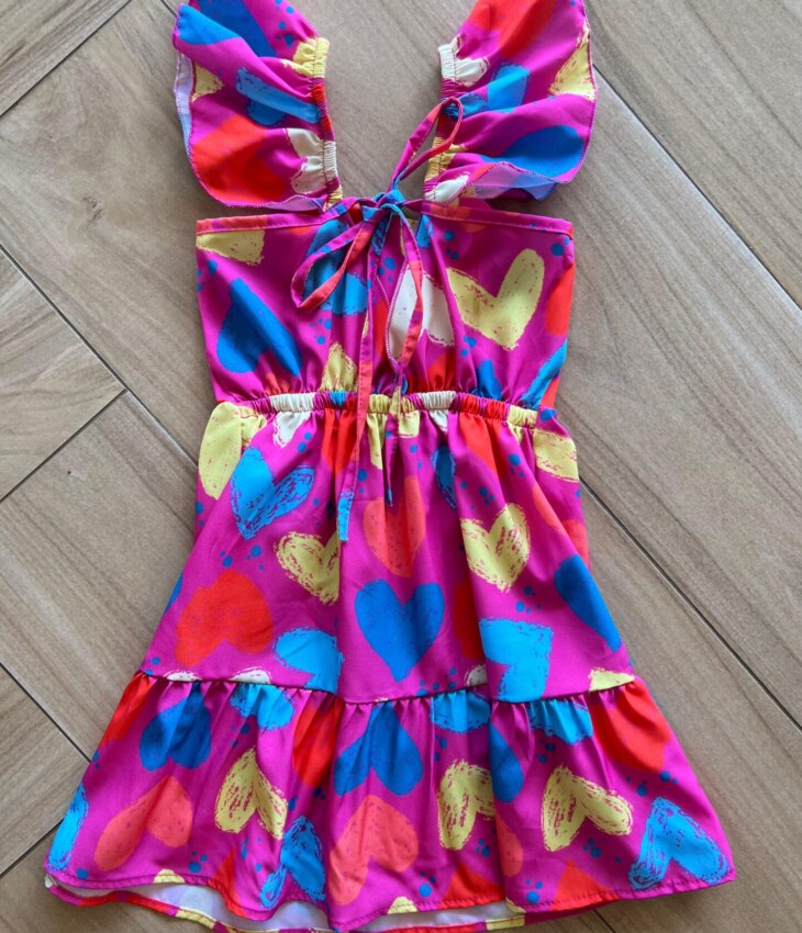 Vestido Infantil Feminino Curto Corações Coloridos Pink Fernanda Ramos Kids
