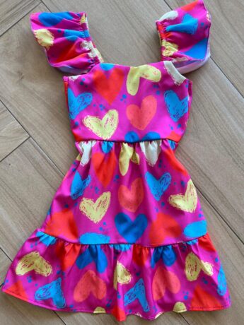 Vestido Infantil Feminino Curto Corações Coloridos Pink Fernanda Ramos Kids