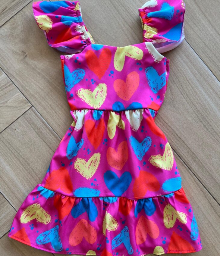 Vestido Infantil Feminino Curto Corações Coloridos Pink Fernanda Ramos Kids