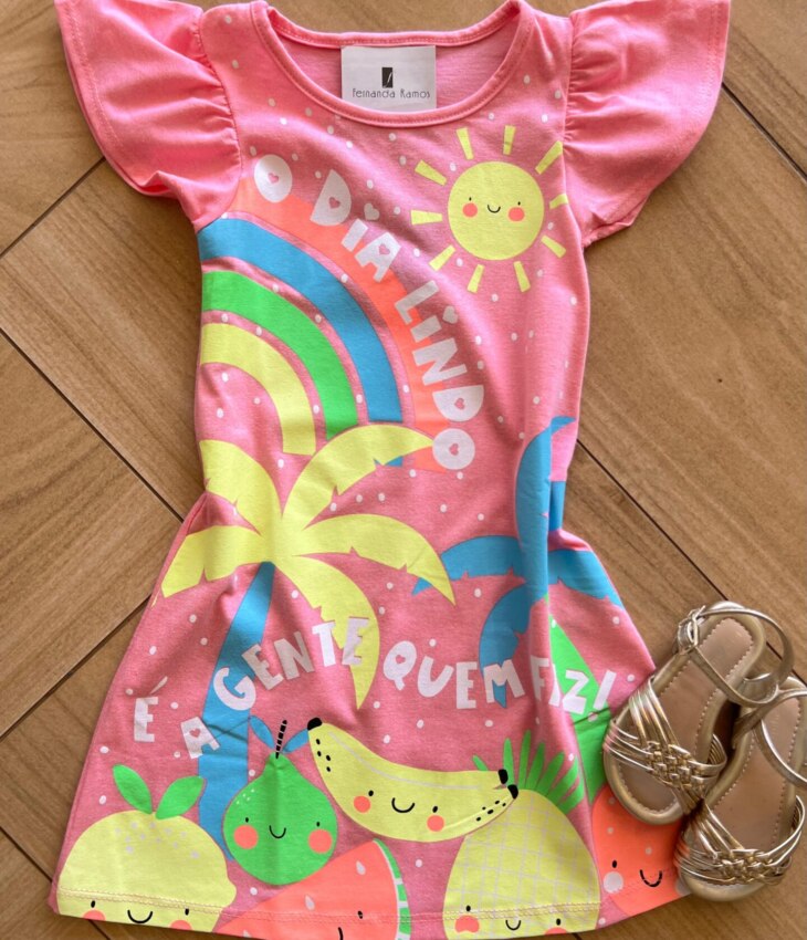 Vestido Infantil Feminino Curto Dia Lindo Rosa Fernanda Ramos Kids