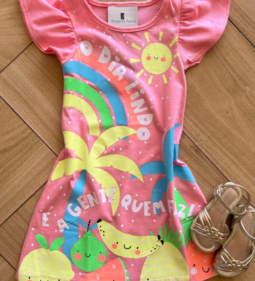 Vestido Infantil Feminino Curto Dia Lindo Rosa Fernanda Ramos Kids