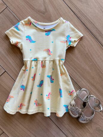 Vestido Infantil Feminino Curto Dinossauro Amarelo Fernanda Ramos Kids