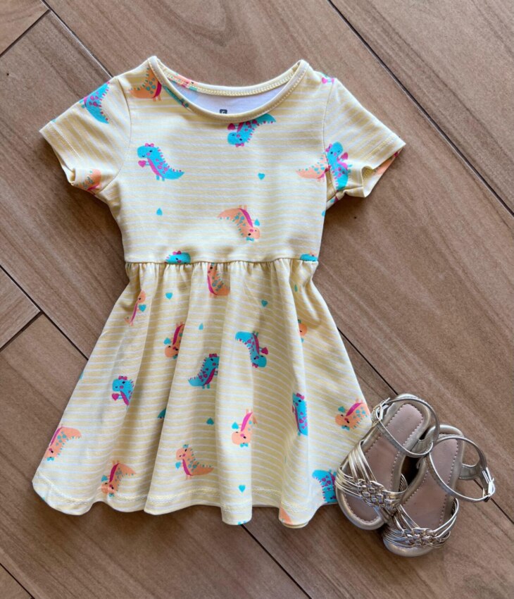 Vestido Infantil Feminino Curto Dinossauro Amarelo Fernanda Ramos Kids