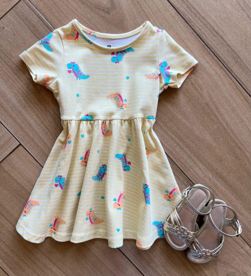 Vestido Infantil Feminino Curto Dinossauro Amarelo Fernanda Ramos Kids