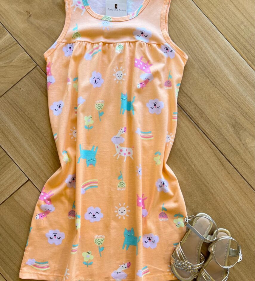 Vestido Infantil Feminino Curto Estampa Animal Laranja Fernanda Ramos Kids