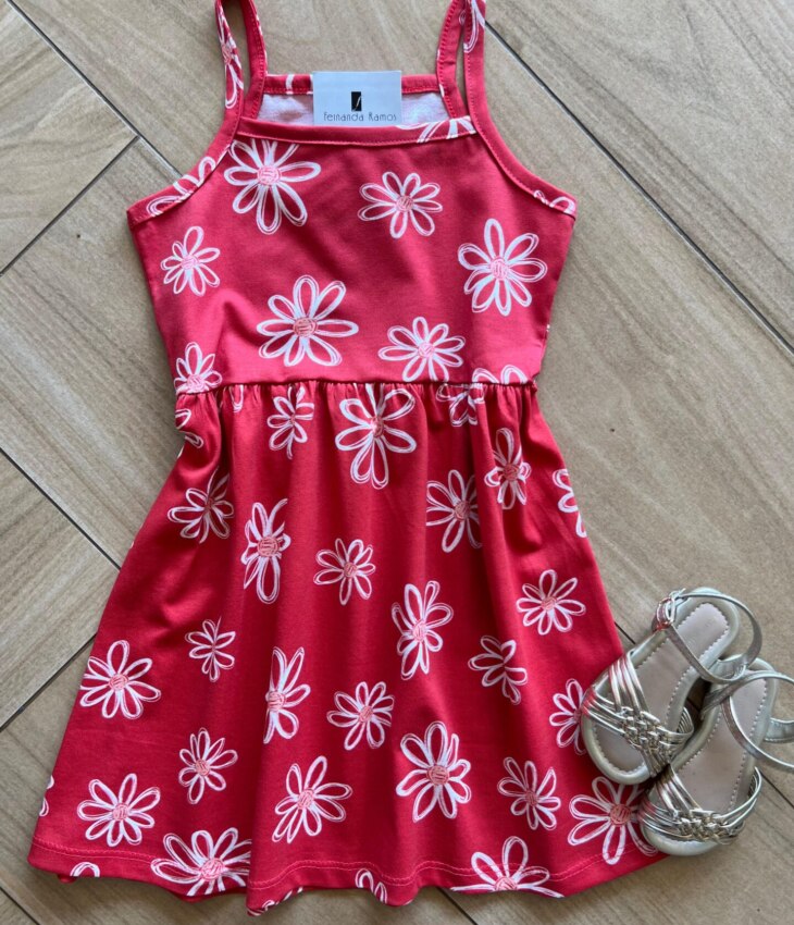 Vestido Infantil Feminino Curto Estampa Flores Margarida Vermelho Fernanda Ramos Kids