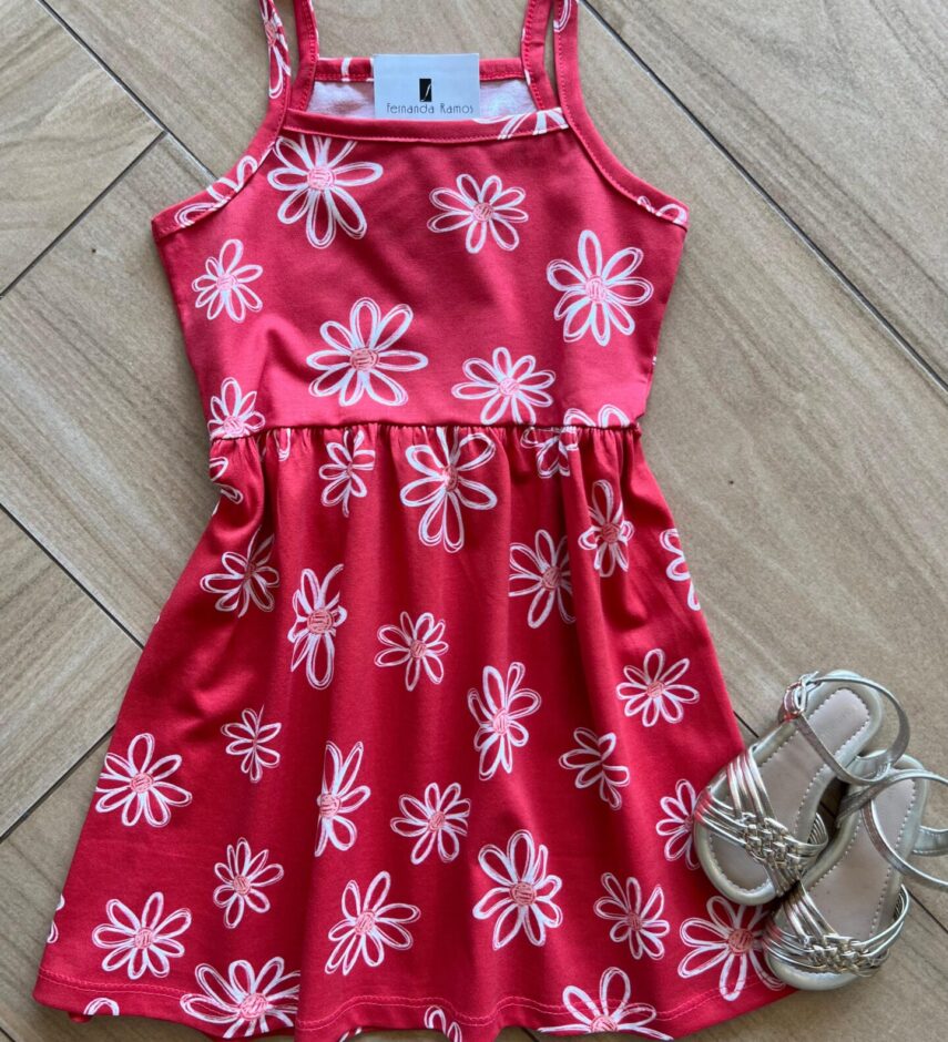 Vestido Infantil Feminino Curto Estampa Flores Margarida Vermelho Fernanda Ramos Kids