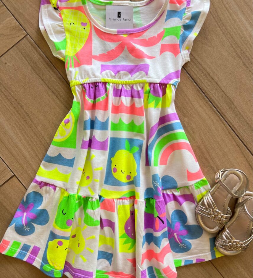 Vestido Infantil Feminino Curto Estampa Neon Fernanda Ramos Kids