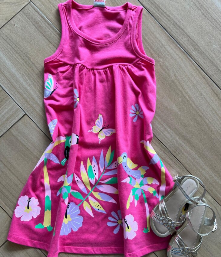 Vestido Infantil Feminino Curto Estampa Pássaros e Flores Pink Fernanda Ramos Kids