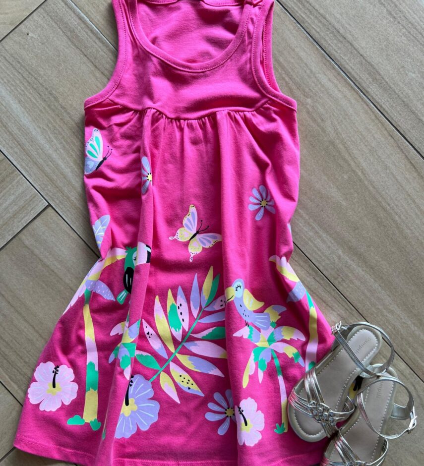 Vestido Infantil Feminino Curto Estampa Pássaros e Flores Pink Fernanda Ramos Kids