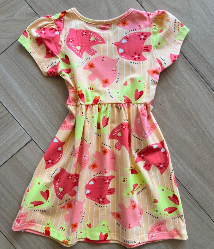 fernandaramoskids com br Vestido Infantil Feminino Curto Estampa Pássaros e Listras Laranja2