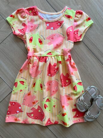 Vestido Infantil Feminino Curto Estampa Pássaros e Listras Laranja Fernanda Ramos Kids