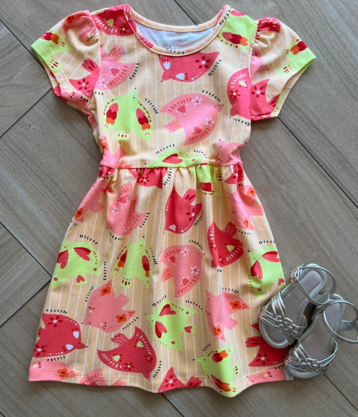 Vestido Infantil Feminino Curto Estampa Pássaros e Listras Laranja Fernanda Ramos Kids