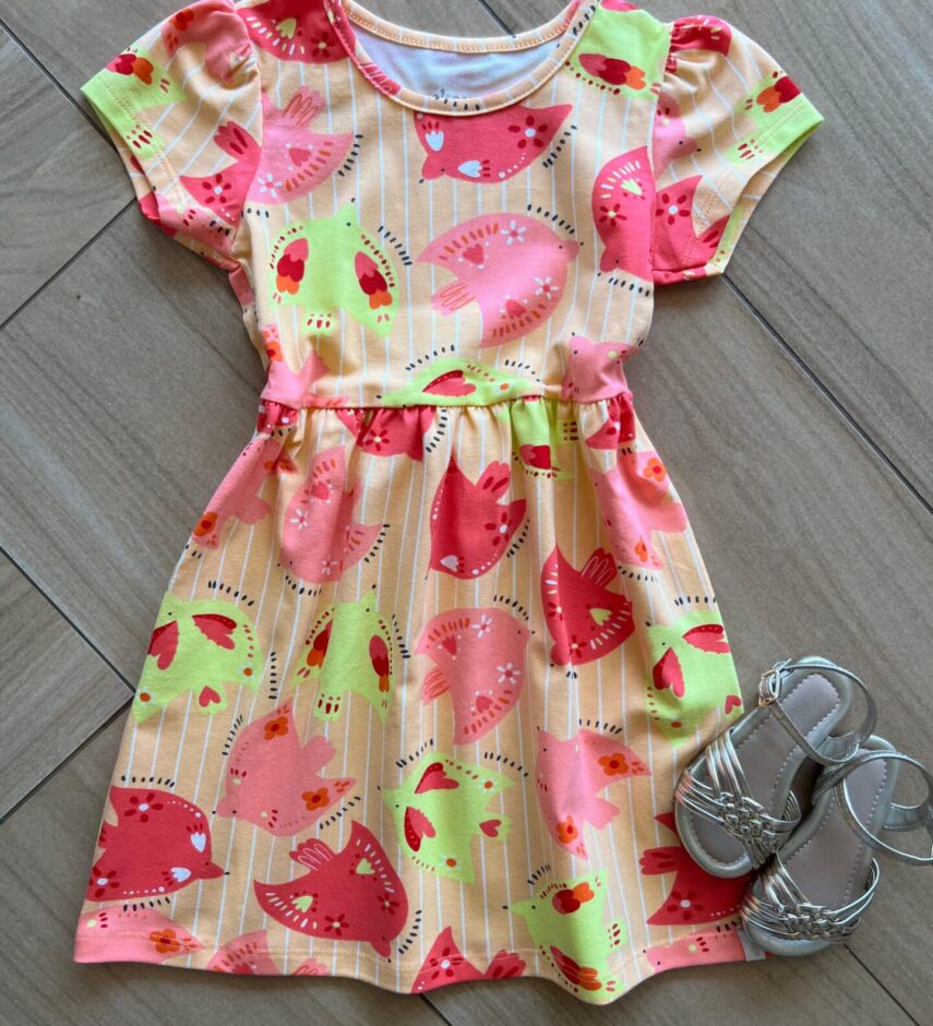 Vestido Infantil Feminino Curto Estampa Pássaros e Listras Laranja Fernanda Ramos Kids