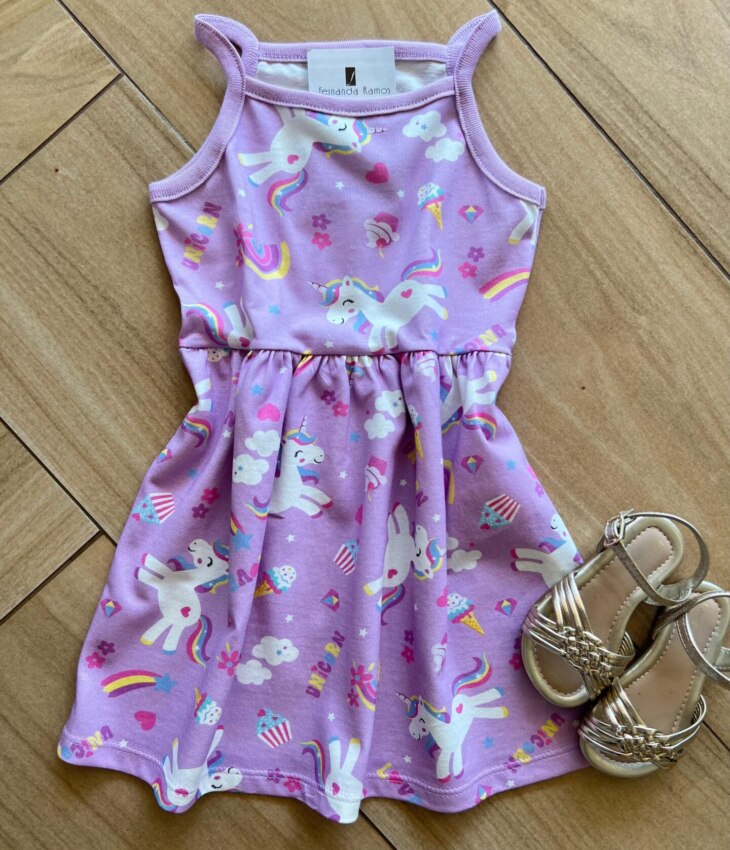 Vestido Infantil Feminino Curto Estampa Unicórnio Lilás Fernanda Ramos Kids